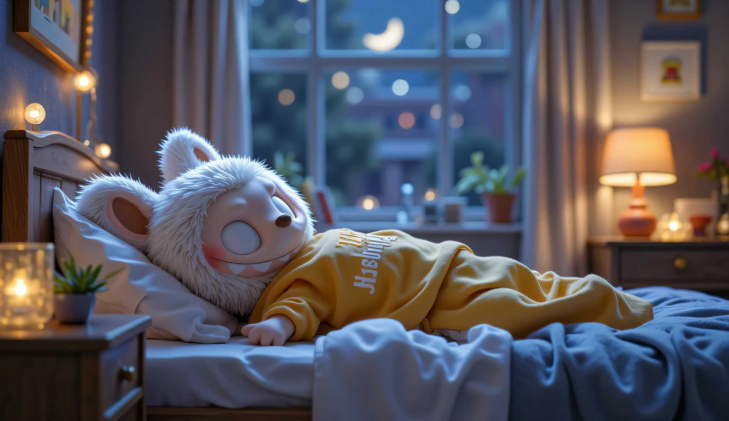 night. white Labubu slept peacefully in his room, eyes closed, hugging his blanket. He wears a yellow T-shirt that says "AFSHIN MUSIK" in white.