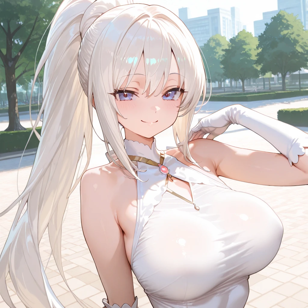 (((masterpiece))), (((best quality))), ((ultra-detailed)), (illustration), ((an extremely delicate and beautiful)), ((super detail)), ((high resolution)), (((20 years old))), gleaming skin, shiny body, two legs, breast focus, (((tall))), slender legs, ((big round eyes)), cute eyes, drooping eyes, ((adult)), two hands, five fingers, no extra hands, elegant smile, braid, medium length hair, ((metallic white)), (see-through), (ultra-huge breasts), (shining brightly), outdoor, mini skirt, city, daytime, (((sfw))),