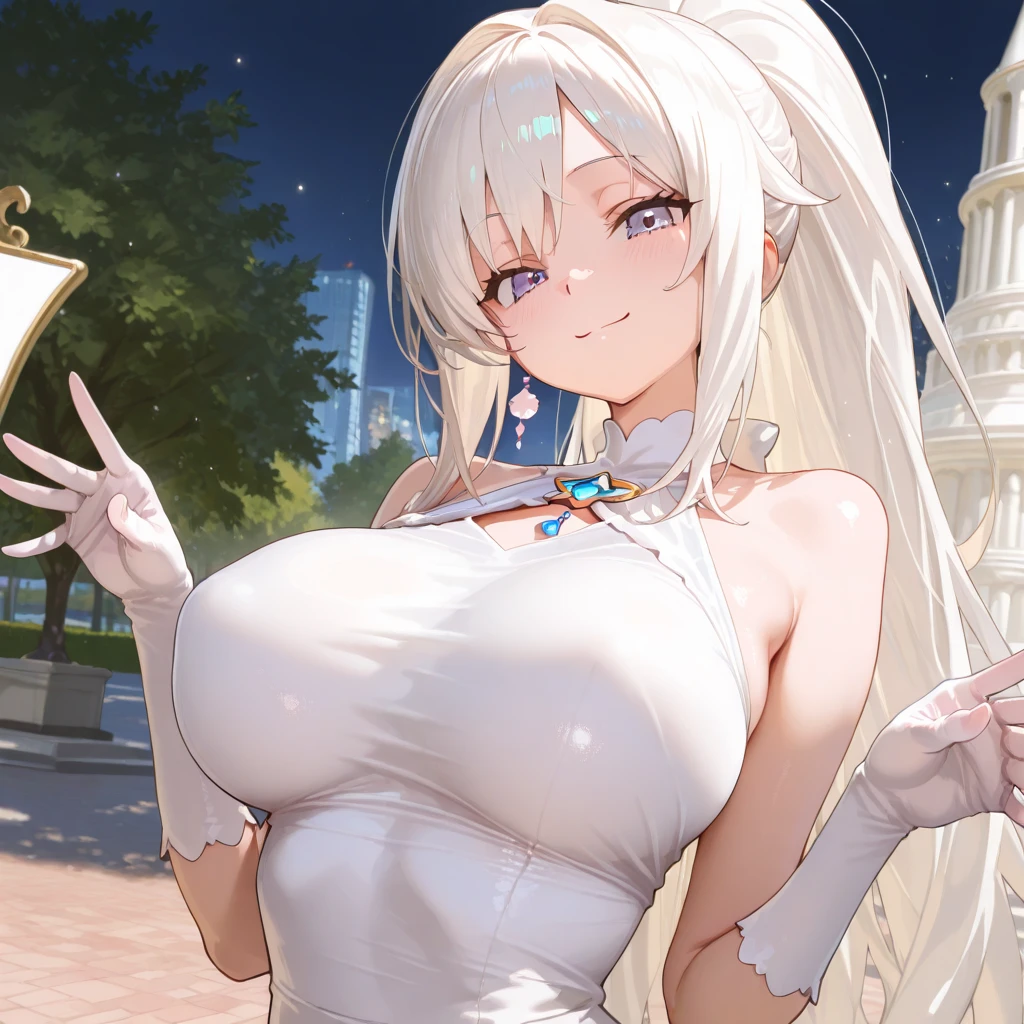 (masterpiece:1.3),((High resolution)),((high quality)),((Super detailed))、One girl、Perfect balance、((fire Fly\(Collapse：Star Rail\)))、Multicolored Eyes、((White Hair))、Black hair band、Purple eyes、Hair ornaments、Thigh straps、Perfect Face、Detailed face、Cute Face、beautiful詳細な目、Expressive eyes、Cute eyes、Shiny eyes、Perfect body、beautiful体、Perfect body、beautiful体、(((Wedding dress:1.5)))、Off the shoulder、marriage、(church)、(marriage式)、bride、smile、、(Large Breasts)、(head shot)、Embarrassing、blush、beautiful女の子、Cute Face、beautiful顔、Cute Face、beautiful、Best Quality、Good anatomy、Decorations、(NSFW:1.2)、smile、Closed Mouth、blush、Are standing、From below、((Super detailedな背景)), Mistress Pose, ((8K Wallpaper)) , smile,  Watching the audience, Moody lighting, In-person audience