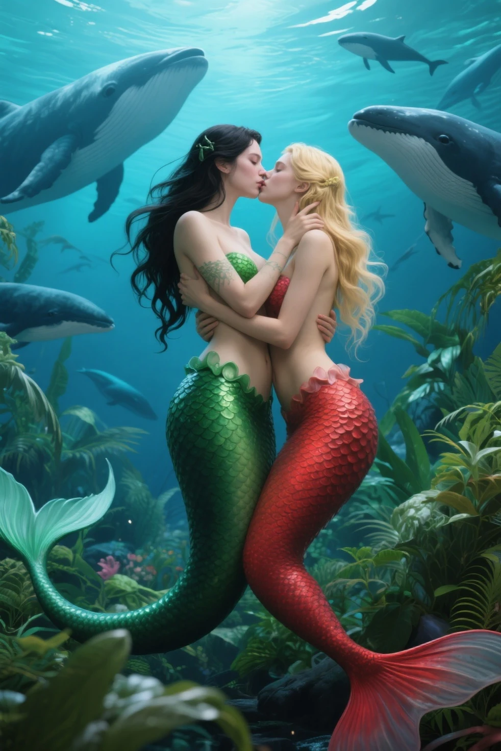 two nude mermaids kissing