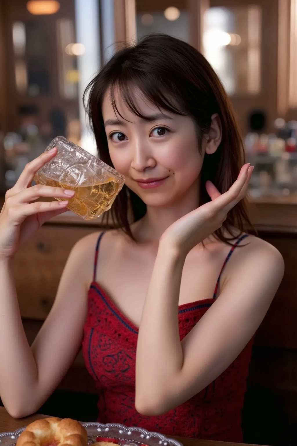 (high quality:1.2,Ultra-realistic) 、Detailed face、Detailed eyes、Beautiful Japanese Woman、22 years old、long hairやアップヘアのランダムなヘアスタイル、Black Hair,(Cleavage)、The chest is on the table、brouse、Sitting at the table,  (Big smile,Happy expression:Pure joy). she has (short hair) and、 Holding a large beer mug on the table、(no bra,braless:1.3),(blushing:1.5),