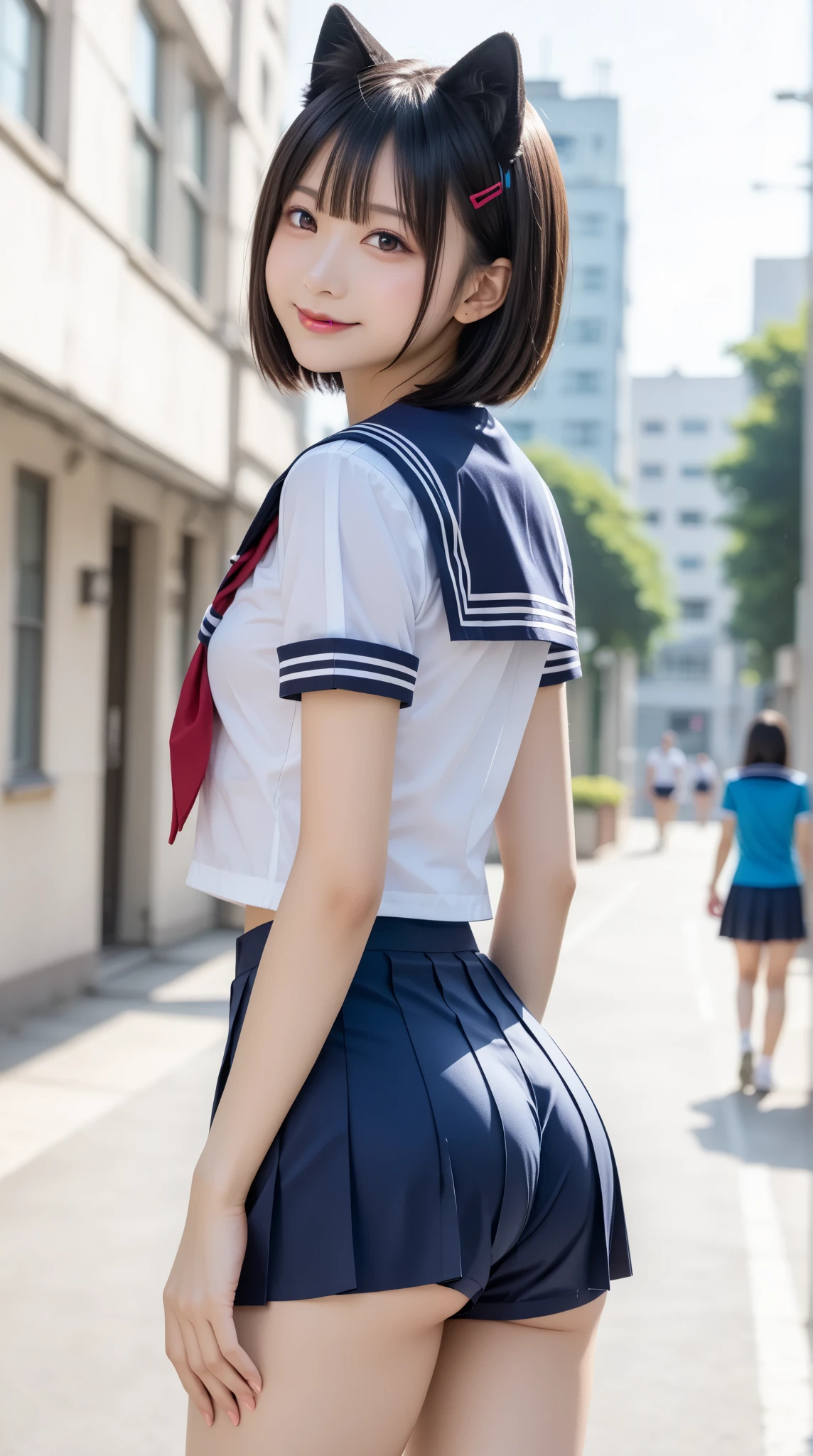 (The FW), 1womanl, Solo, age19, (cute face), (Ideal ratio body proportions), ((a sailor suit)), ((Costumes must be worn)), Skirt lifted by the wind, You can see the whole panties, panties focus, Long escalator, (Super close-up of buttocks), ((Point your butt at the camera)), stick out buttocks, Emphasize ass, Smiling smile, short-hair, Dark hair, huge tit, A slender, Big buttocks, Skinny Legs, zettai ryouiki, thighs thighs thighs thighs, knee high, Pleated miniskirt, surrealism, Cinematic lighting, depth of fields, One-person viewpoint, F/1.8, 135 mm, masutepiece, ccurate, Anatomically correct, Textured skin, Super Detail, high details, High quality, awardwinning, Best Quality, hight resolution, 8K