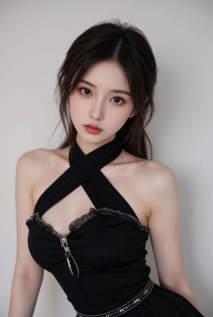 Symmetrical, High Detail RAW Color Photo Professional Photo, [:( High Detail Face: 1.2): 0.1], (lora:PJ DH), pores, real skin, straight up, an 20 year old woman, Dilraba Dilmurat + Kwon Yuri, (clothless:1.2), ((Black Body Tape wraps around the body:1.2)), D-cups breasts, (sexy postures), Studio lighting
