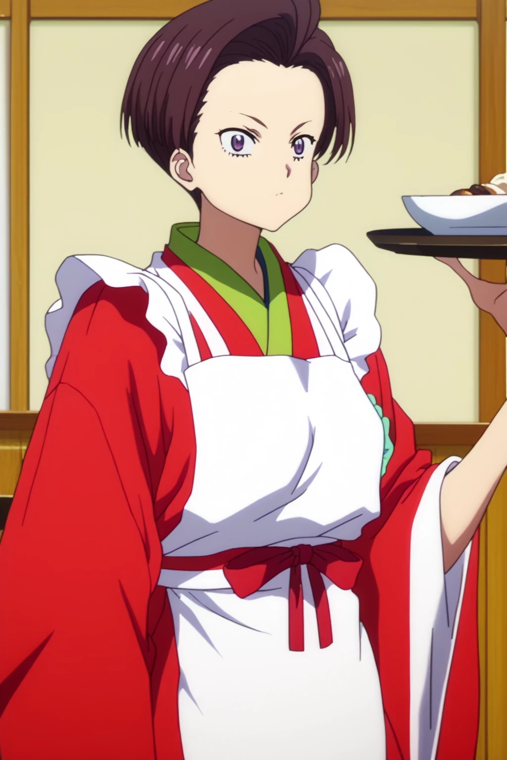 score_9,score_8_up,score_7_up,score_6_up,score_5_up,score_4_up,source_anime,(1girl:1.5), masterpiece,absurdres,highres,highest quality,Super detailed,32K,High resolution,an extremely delicate and beautiful,Official Art,Perfect Anatomy, (Contrasting colors,octane rendering,Fully painted,anime coloring,anime screencap,Cel-shaded anime,retro artstyle,1990s \(style\),90s anime,90s anime style,:1.25), perfect face,ultradeTailed eyes,beautiful,sexy,supermodel,athletic body,shiny skin,Dramatic light,(scale to fit the dimensions:1.2),((fuki harukawa,forehead,purple eyes,japanese clothes,kimono,apron,red ribbon,waitress,red kimono:1.52)),((cowboy shot:1.5)),