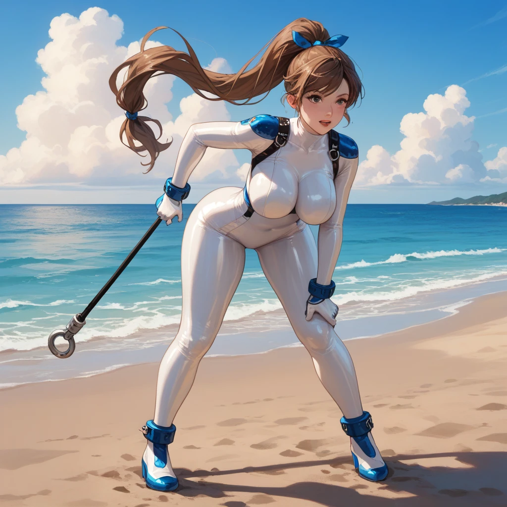 1 girl,(sailor_dragon:1.2),Skirt,(giant breasts),(Skirt:1.2),greeting,ashamed,shy,has,by rubio,pointy ears,hits,standing,outdoor,playa,(two tails:1.2),high leg thong,diaphragm,Thighs