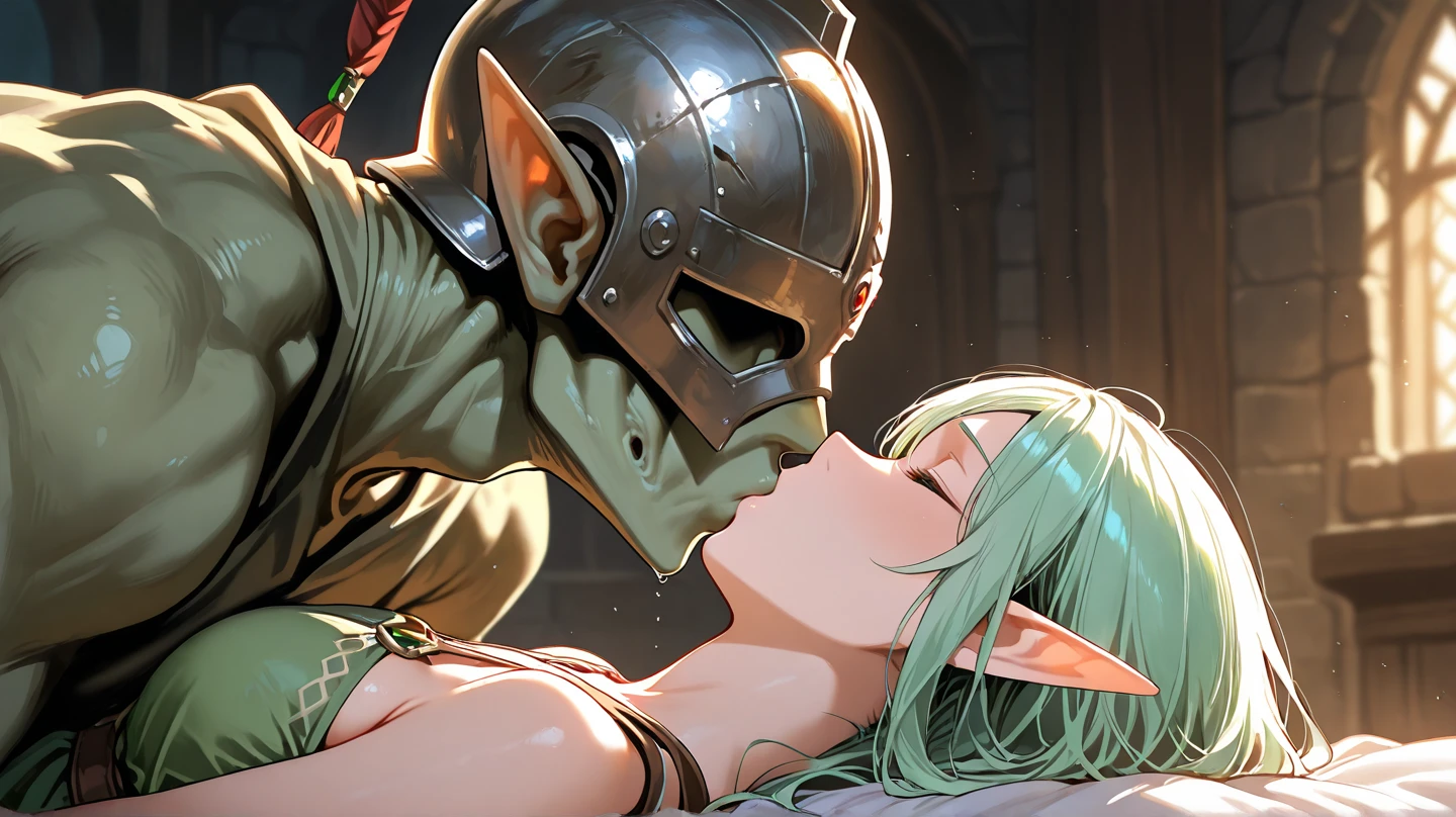 a girl elf with red eyes and short hair in shackles in a dungeon, naked, bruised, crying, a boy in armor sitting next to her and hugging her, dramatic lighting, cinematic composition, gritty, dark fantasy, chiaroscuro, (best quality,4k,8k,highres,masterpiece:1.2),ultra-detailed,(realistic,photorealistic,photo-realistic:1.37),HDR,UHD,studio lighting,ultra-fine painting,sharp focus,physically-based rendering,extreme detail description,professional,vivid colors,bokeh