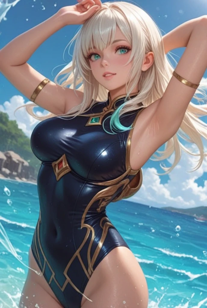 Steppiece, Best Quality, Ultra-detailed, Absurd, Portrait of cute android18DB, Realistic face, Solo, earrings, Jewelry, , brave, Eyeshadow closed, the beach, gloves, Necklace, Rock, Standing, fighting position, Volumetric lighting, Best Quality, masutepiece, Intricate details, tonemapping, Sharp Focus, Hyper Detailed Luxury swimwear Miwaki Beautiful abs beauty legs A sexy a wet body