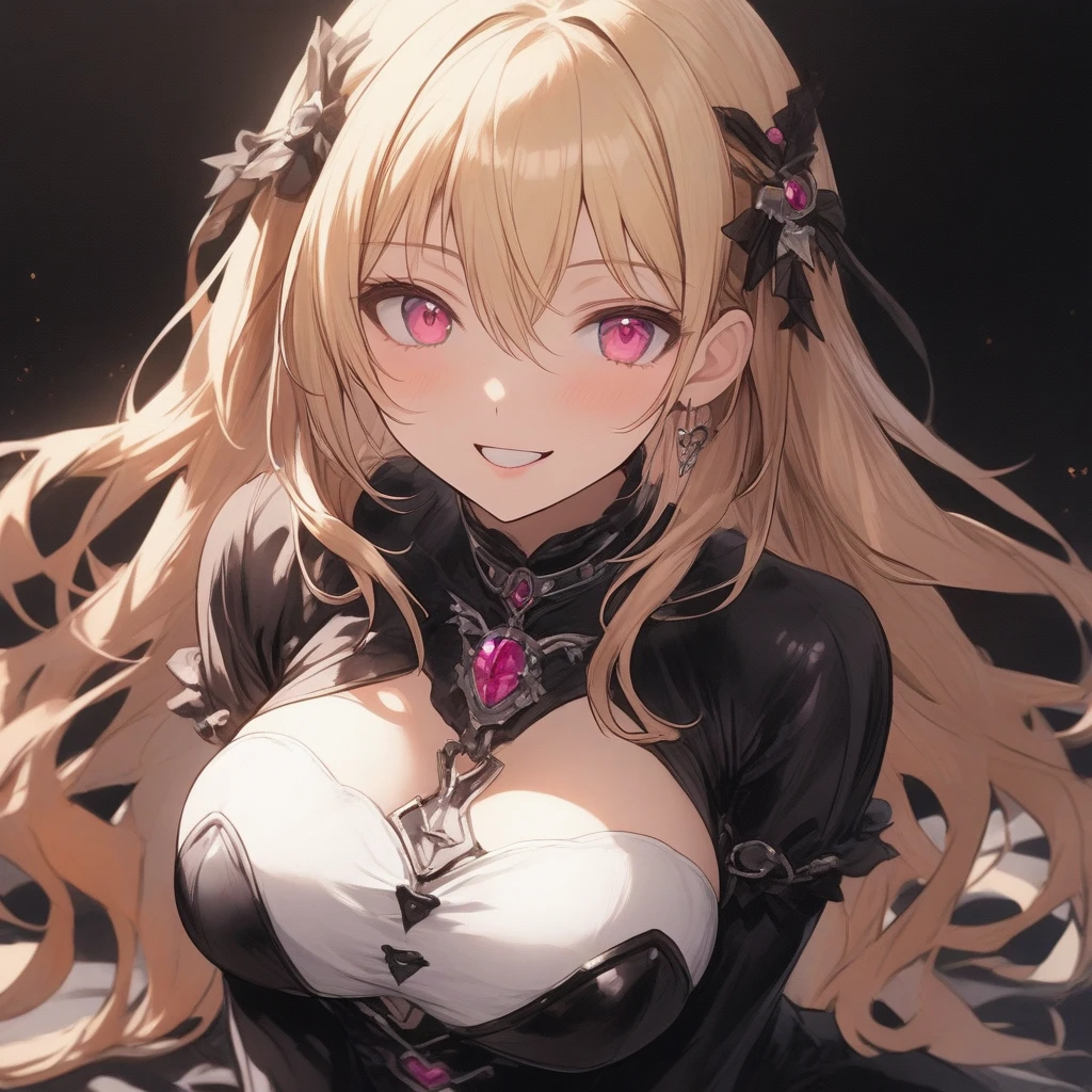 top-quality、Top image quality、masterpiece、girl with((cute little、18year old、Best Bust、Medium bust、Bust 85,Beautiful red eyes、Breasts wide open,Blonde long hair、A slender、Black bathrobe、A smile))hiquality、Beautiful Art、Background with((Black Room,Large room、)),masutepiece、Elaborate design、visualart、depth of fields、The best lighting、highestdetailed、8k,Super delicate,