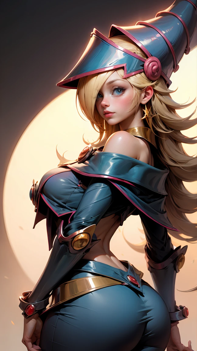 (Obra maestra:1.2), (La mejor calidad:1.2), perfect lighting, Chica Maga Oscura lanzando un hechizo, flotando en el aire, tetas grandes, escote, fondo de magia. Corazones transparente en el hambiente, bata azul, sombrero grande, desde arriba, Destellos, Yugioh Card en el fondo. En tacones y en bikini