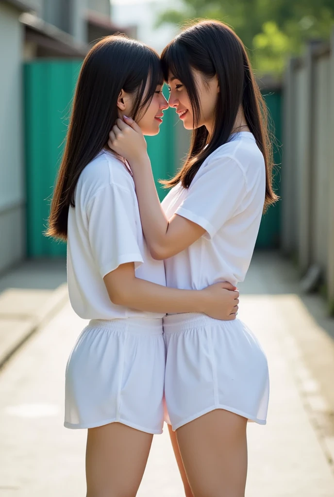 ((Beautiful sisters look at each other and touch each other's breasts:1.3)), (8k, RAW Photos, Highest quality, masterpiece:1.2), Looking at the audience, Viewed from the front, Beautiful white skin, knees, Absurd face is small, Part your bangs down the middle, The forehead is visible, Glare, ((Cute and happy face:1.3)), Ultra-high resolution, ((Cute appearance々Color underwear)), ((Slender body line)), (Outstanding proportions), high school girl, (Idolフェイス, Baby Face:1.65), ((Japanese women)), Are standing, (Photorealistic:1.37), Photon Mapping, Realistic, Cute and small face, Brown eyes, prospect, Written boundary depth, Blurred Background, (I can see the bangs), Silky smooth hair, (Firm stomach:1.3), (Beautiful and slim thighs:1.4), Small beautiful butt, (Curved waist), thigh, Nogizaka idol, Idol, (Detailed hands:1.3, Accurate hands:1.3, Beautiful little hands of a girl:1.3), (Firm and beautiful breasts:1.4), Super quality, Low people, (Clear white skin, Skin with visible pores:1.2), (Focus on the face), Check and correct the garment construction, (Perfect Anatomy:1.3), (Detailed eyes and face:1.3, Professional photography techniques), (Detailed arms:1.2)