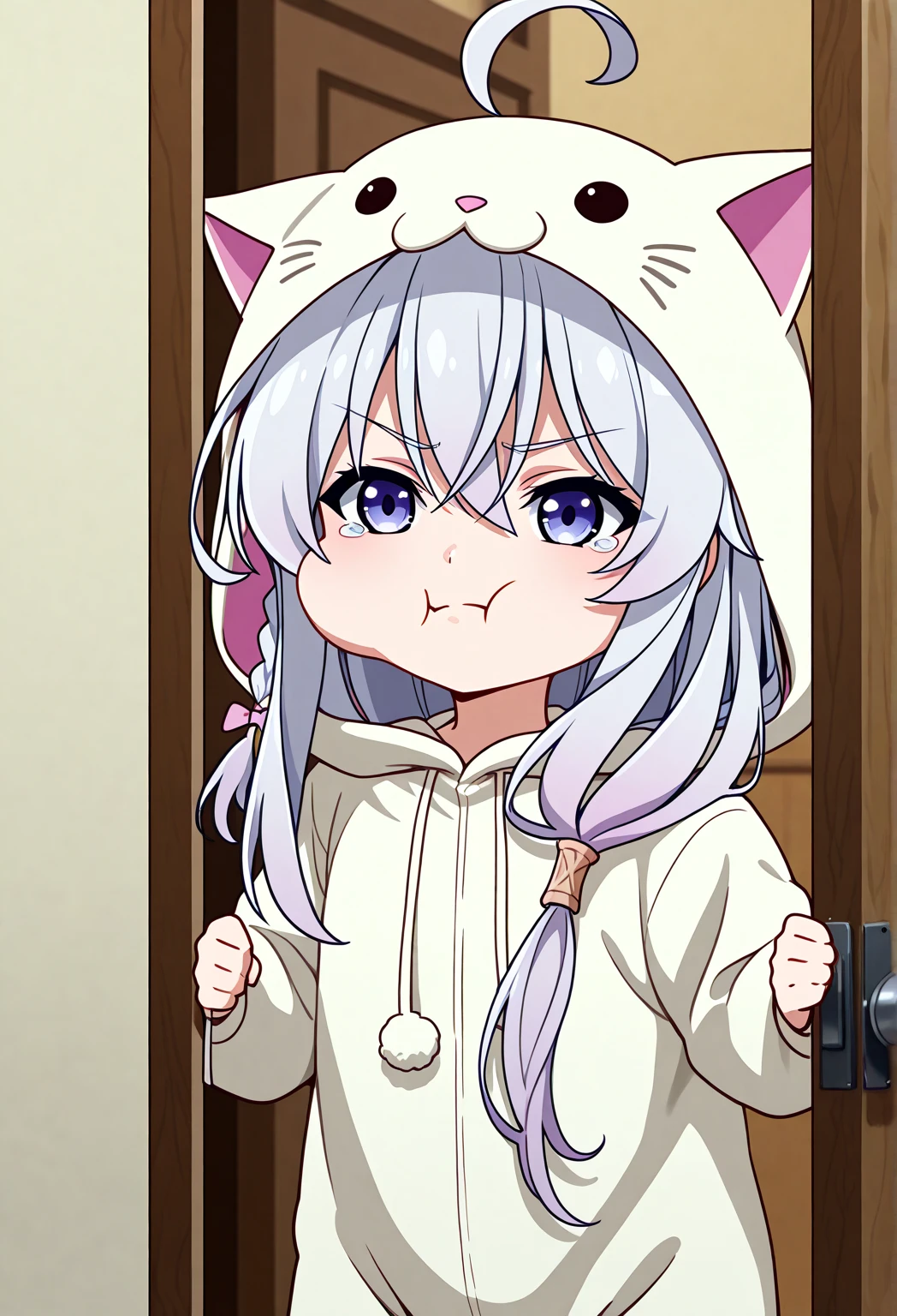 Catgirl,white hair, looking away from POV,busty,oversized male hoodie,cute face,fang,cat ears,cat tail, regular house background,pouty angry face, medium C cup breast,no skin showing