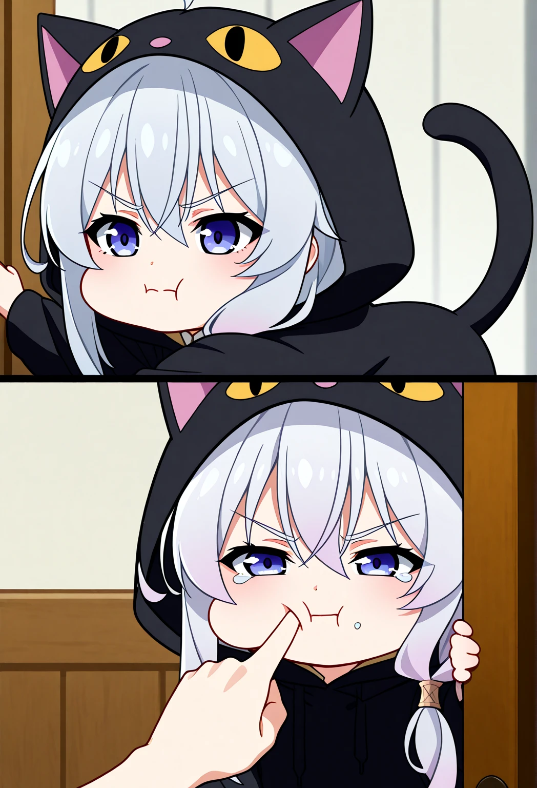 Girl with white hair, cat ears, black glasses, blushing extremely, she has put on a bra if her breasts are small, grabbing her breasts, a black skirt, a cat tail with black stockings on the bed