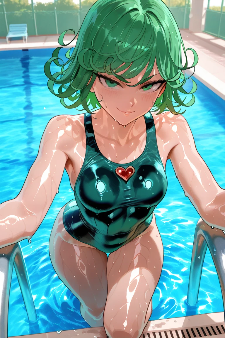 (Unity 16K Wallpaper, Masterpiece, Best Quality, Ultra-Detailed, Extremely Detailed CG, Caustics, Cinematic Lighting, Detailed, Beautiful Detailed Eyes, solo), Ultra High Resolution, fine skin、sexy,curby,gigantic breasts、smile,cowboy shot,tiny micro bikini、12 years old、sweaty、show the neck、swimming pool,green eyes、green hair,pixie cut,vulgarity,sitting
