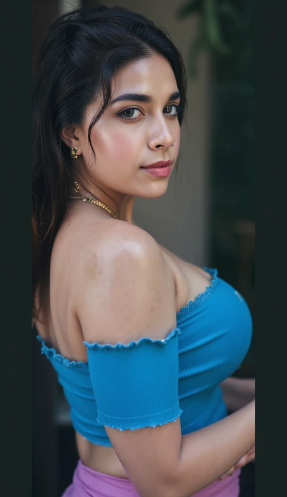 Extreme close up photo of sexy lady, big cheeks, round navel, small lips swappy breasts, blue blouse