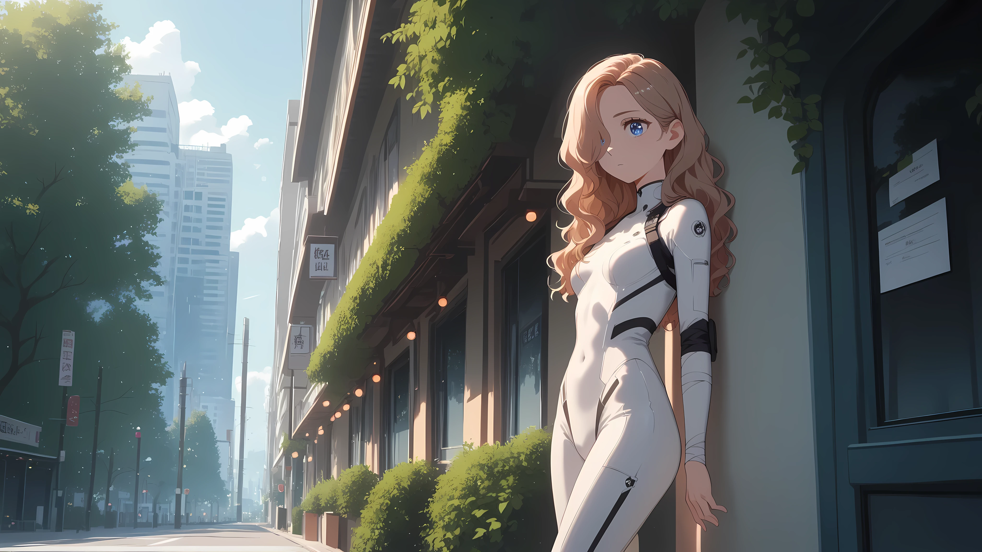 1 girl, long wavy hair, hair swept round over one shoulder to the front and cover one eye, hair colour brown, blue eyes, tight tactical combat bodysuit, white bodysuit colour, black silk ribbons completely wrapping down each arm over bodysuit, natural relaxed body posture, slight lazy unbothered look, standing, urban background with buildings and trees, bright sunlight casting defined shadows, relaxed atmosphere, Highest detail, masterpiece, high resolution, Ultra detailed eyes, character close to the right side of the viewer