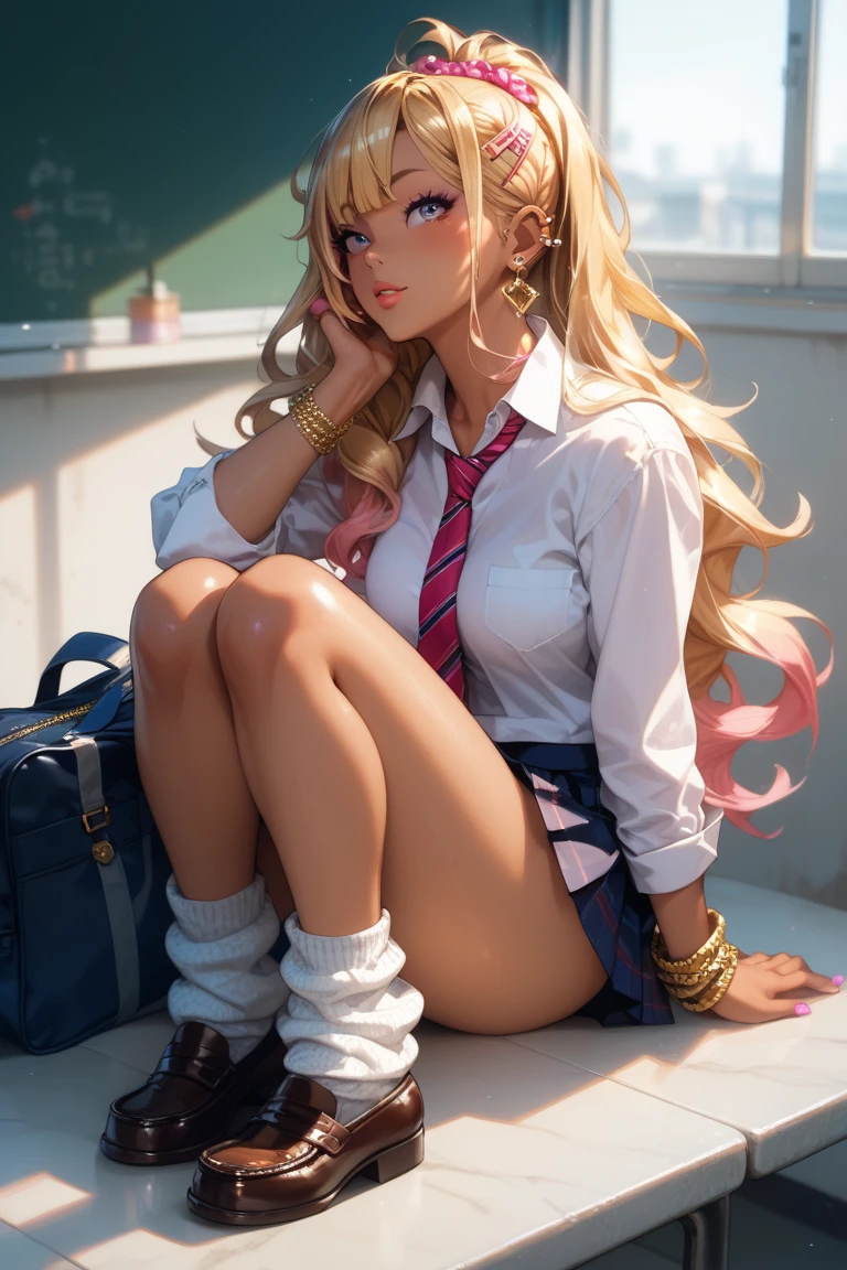((wavy white long hair):1.3,beatiful detailed eyes,Perfect proportions,eyes with brightness,light make-up,choker necklace,ear jewelry,Pink and moist lips),1 noble beauty with big breasts,Run on the sports field,V gesture,Elegant and beautiful hairpins,White wavy curls,Bare-legged and high heels,Student uniform,Skinny sweatshirt paired with sports ultra shorts,high-heels,red necktie,Youth sexy,((8K,tmasterpiece,realisticlying),(Hyper-detailing,Ultra-clear,naturey)