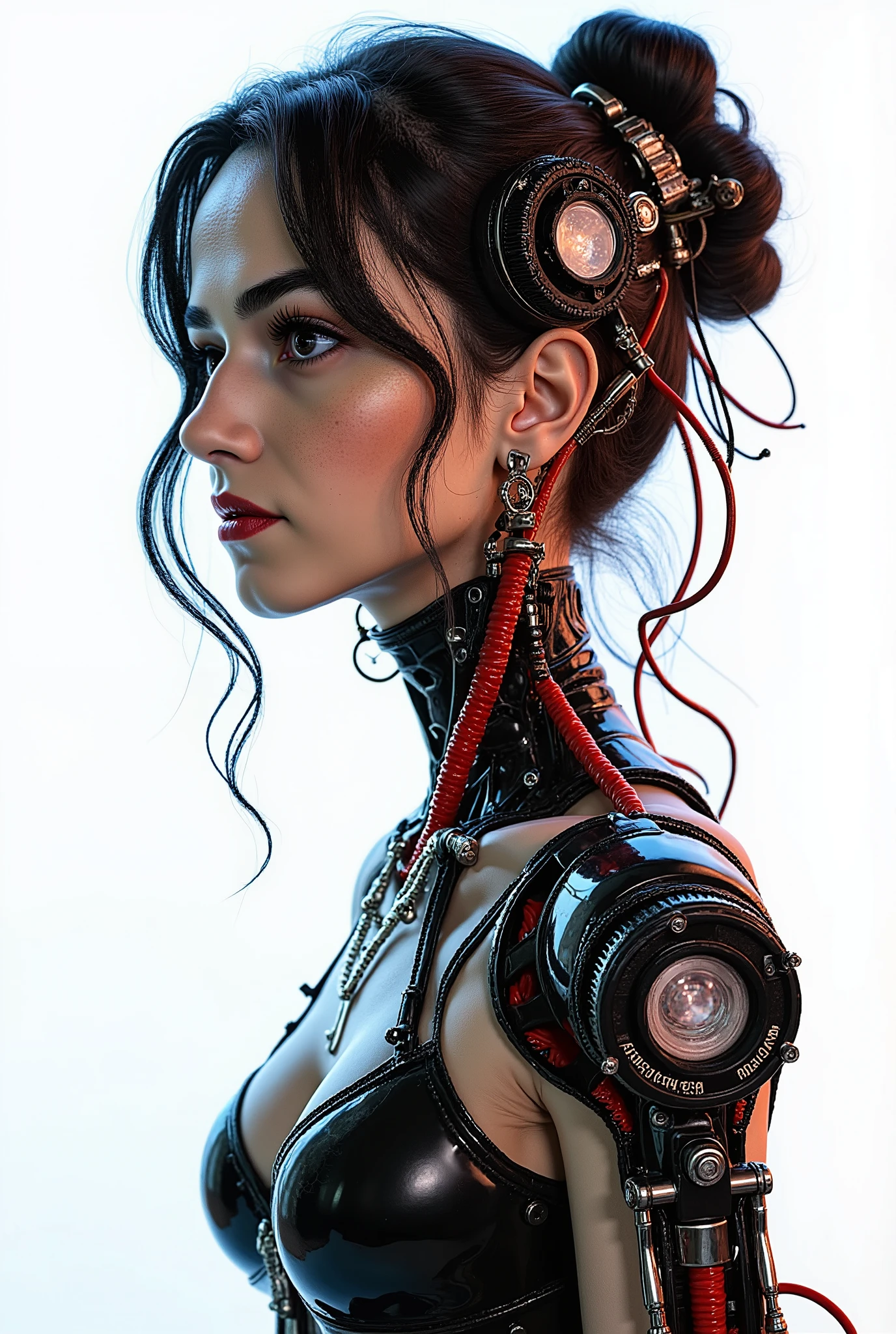 (masterpiece, top quality, best quality, official art, beautiful and aesthetic:1.2), (1girl:1.3), extreme detailed,colorful,highest detailed ((ultra-detailed)), (highly detailed CG illustration), ((an extremely delicate and beautiful)),(from side),cinematic light,((1mechanical girl)),solo,full body,(machine made joints:1.2),((machanical limbs)),(blood vessels connected to tubes),(mechanical vertebra attaching to back),((mechanical cervial attaching to neck)),(sitting),expressionless,(wires and cables attaching to neck:1.2),(wires and cables on head:1.2)(character focus),science fiction,white background,(blood:1.5)