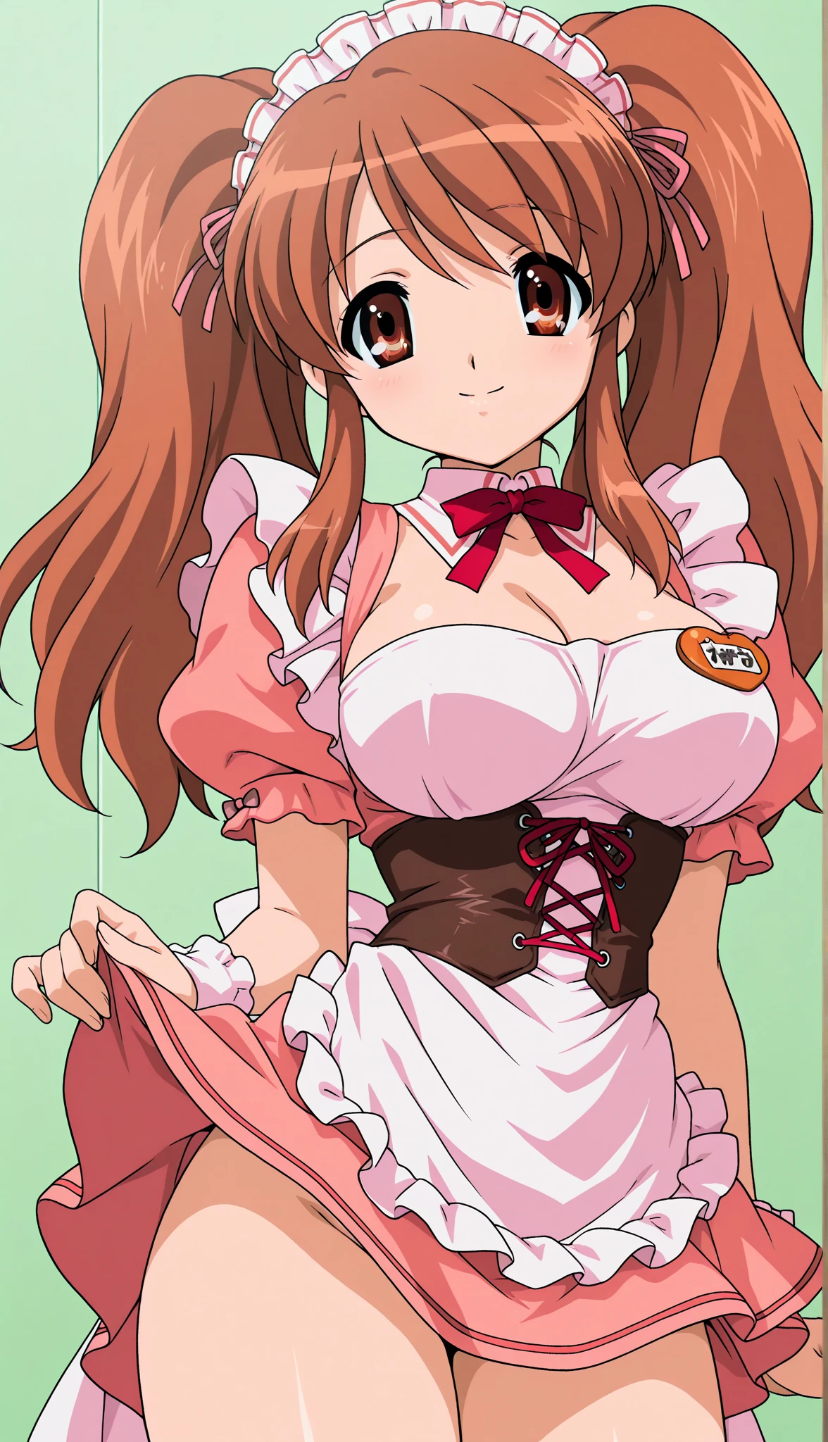1girl, chizuru ichinose, long hair, bangs, brown hair, (brown eyes:1.5), one side up, gloves, solo, large breast, skirt, shirt, short sleeves, puffy sleeves, puffy short sleeves, white skirt, pink shirt, lying, looking at viewer, smile, thigh gap