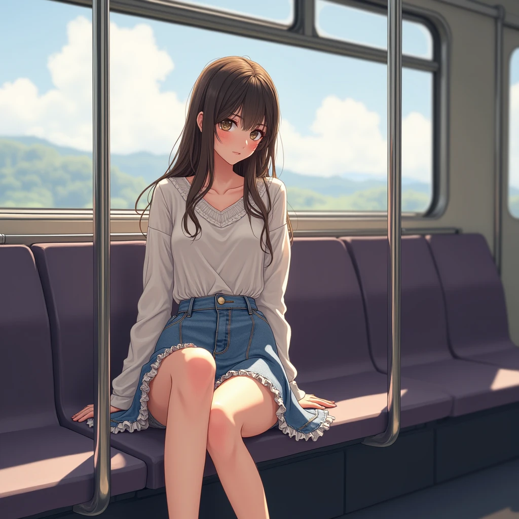 (1) Sitting alone on a long seat in a train,Sit with your legs apart,Showing white panties, Composition from the front,Low - Angle,
(2) I'm a jk, She is wearing a uniform consisting of a miniskirt, sailor suit and loose socks.,
(3) I have medium length brown hair,
(4) The expression is provocative and smirking.,
(5) The location is a long seat on the Yamanote Line at night.,There are no other customers,The view outside the window is the night view of the city