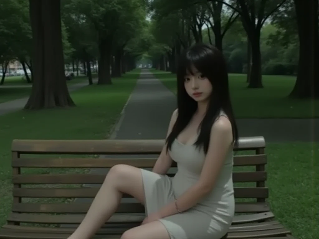 masterpiece, absurdres, high quality, realistic,
1girl, dress, sitting,
outdoors, park, bench, sunlight