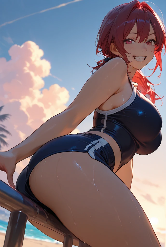 High resolution, (masterpiece: 1.4), Super detailed, (1 female: 1.3), (alone: 1.4), firework, short bob, smile, light, Makoto Shinkai style,Ultra-fine illustration, Bright colors, cinematic light, exciting light production, attention to detail, Bright colors, Large lateral breasts, think back, Happy, smile, from below,anime art style, cute characters, nino nakano, one-piece swimsuit, large breasts, pantyhose