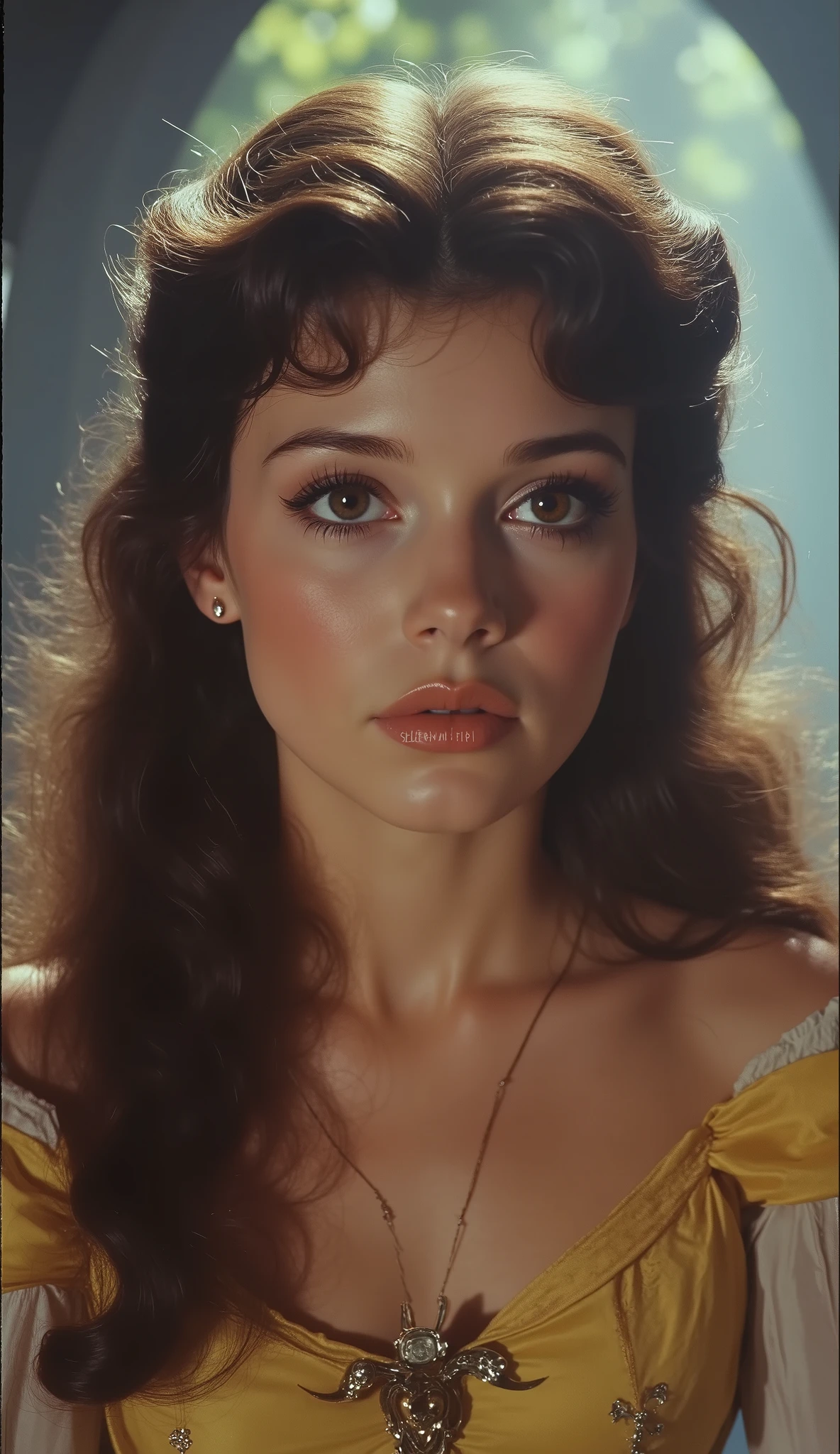 1980 film still, princess Belle, long wavy dark brown hair, brown eyes medium shot, grainy effect,