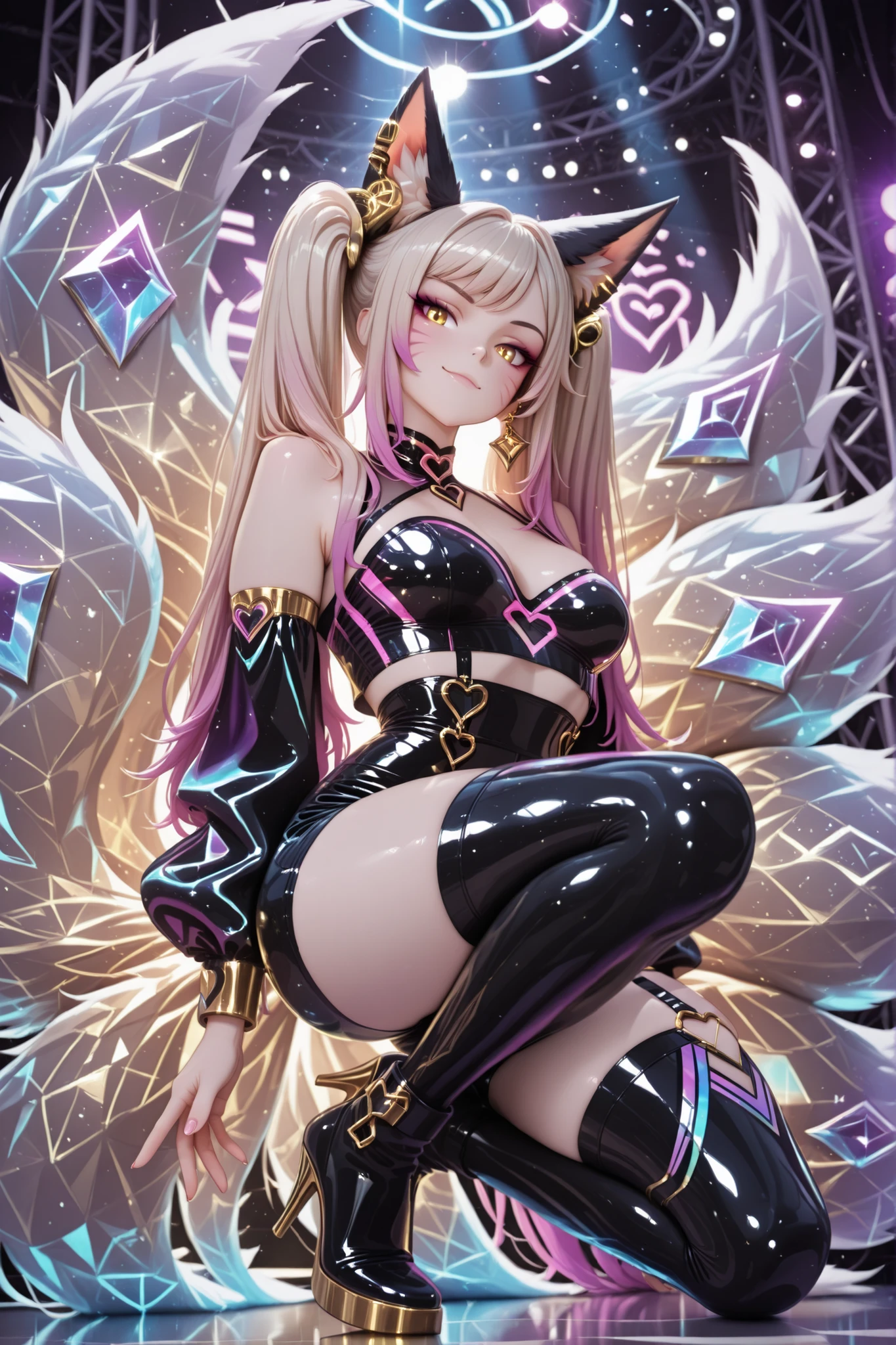 1girl, animal_ears, tail, pink_hair, solo, jewelry, breasts, naked_boobes, flong_hair, fox_ears, dress, fox_tail, cleavage, looking_at_viewer, ahri_(league_of_legends), earrings, black_dress, purple_eyes, necklace, sitting, bare_shoulders, moon, strapless_dress, facial_mark, strapless, fox_girl, multiple_tails, whisker_markings, medium_breasts, makeup, full_moon, blurry_background, gem, smile