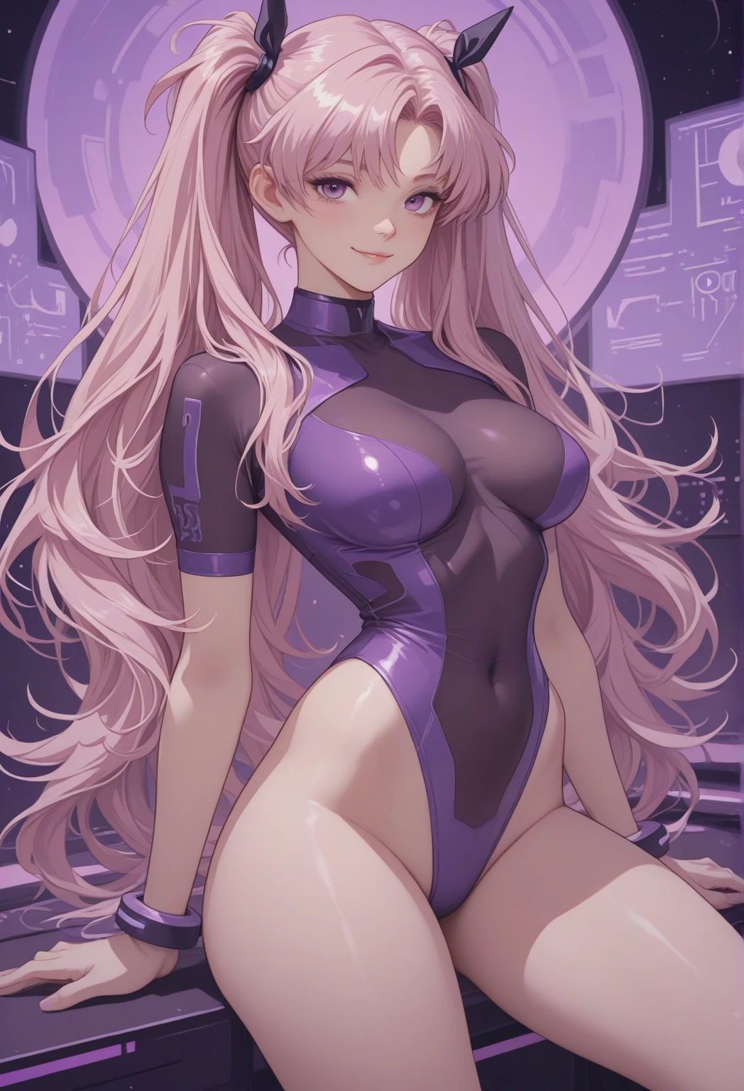 Sexy asian woman, very long pink hair, athletic, military style outfit, sexy waifu, trading card style art, 