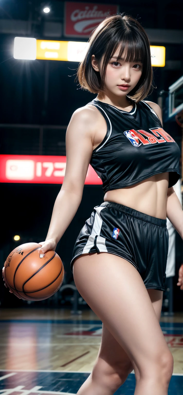 (Top image quality、8k、masterpiece:1.3)、Woman in basketball suit、Big breasts、Active Pose、Loose shorts、A big smile、fullnude