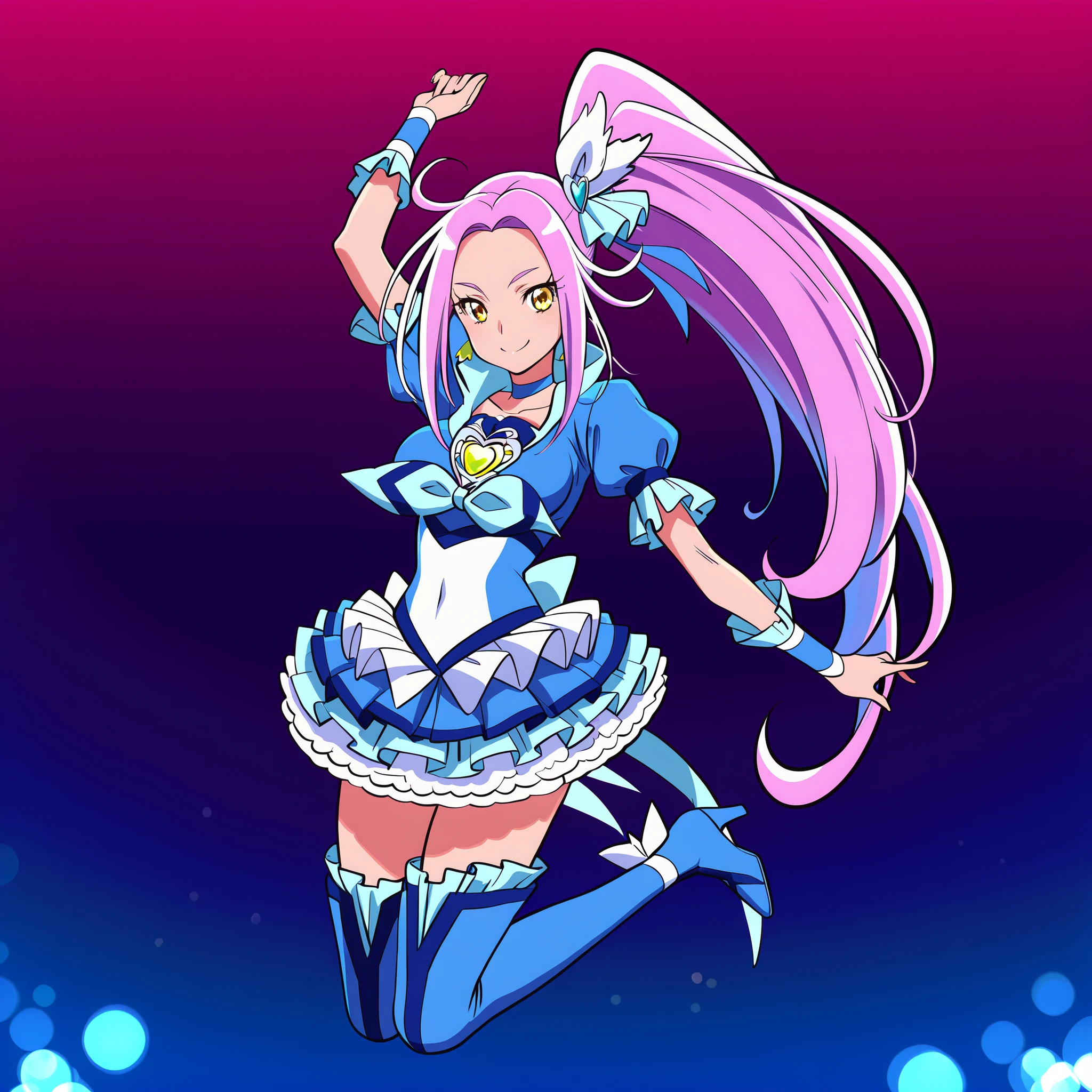 score 9 、score 8 up、score 7 up、 Anime source 、masterpiece、Top quality、high resolution、 coloring anime 、a full body girl、Cure Beat 、blue dressを着たby the redの女性、Alone 、by the red、side ponytail hairstyle、high ponytail、very long hair、split bangs、stupid hair 、yellow eyes、eyelash、shiny hair、 fork、hair bow、earrings、blue dress、dress with ruffles、purple neck accessory、 purple choker、long legs 、Big Breasts、Big Breasts、Covered trapeze、tall girl、short sleeve fluffy blue、ruffle sleeves、bare thighs、blue miniskirt、ruffled skirt、layered skirt、white mini skirt under the blue miniskirt、 wrist cuffs 、purple neck accessory、 purple choker、joyería、 heart brooch 、 leg clothing blue 、tall blue tights、blue shoes、knee high boots、high heels、sparkling magical girl、sexy atmosphere similar to the bokeh effect、Ultra Mega Super Hyper Sexy、!!full-body portrait!!、 wrist cuffs 、bíceps、biceps long head、biceps short head、triceps、triceps medial head、triceps lateral head、triceps long head、brachioradial 、deltoides、covered deltoids、thigh muscles、semitendinous muscles、covered adductor muscles magnus、sonrisa genial、sexy smile、 style chica mágica、Sexy female、lustful woman、beautiful sunflower-shaped choker 、magical aura、、perfect body、perfect hands、brazos perfectos、perfect legs、women's approach、looking at the spectator、Alone focus、Cure Beat outfit、gunman、 style "Beefcake"、 blue background、purple background、two-tone background、gradient background、multicolored background、