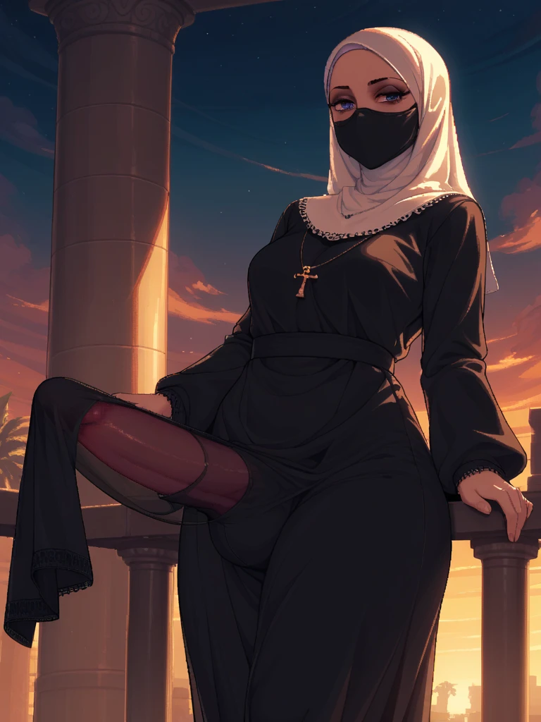 (masterpiece, best quality), city, in a top of tower, 1girl, black hijab, bottomless, open panties, lying, warm, summer, vibrant colors, best lighting, best shadows, wet, hot.