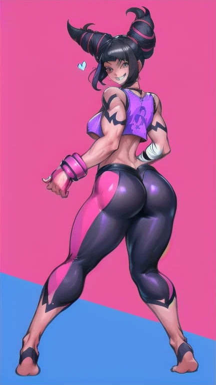 Full body image of Juri Han from Street Fighter 6, wearing her original outfit (purple and black bodysuit with pink accents, high boots, and fingerless gloves), short black hair styled in twin buns, female body, athletic and flexible body, dynamic pose, detailed pose, simple background, expressive face showing a mischievous grin, focus on face, line art, sketch.