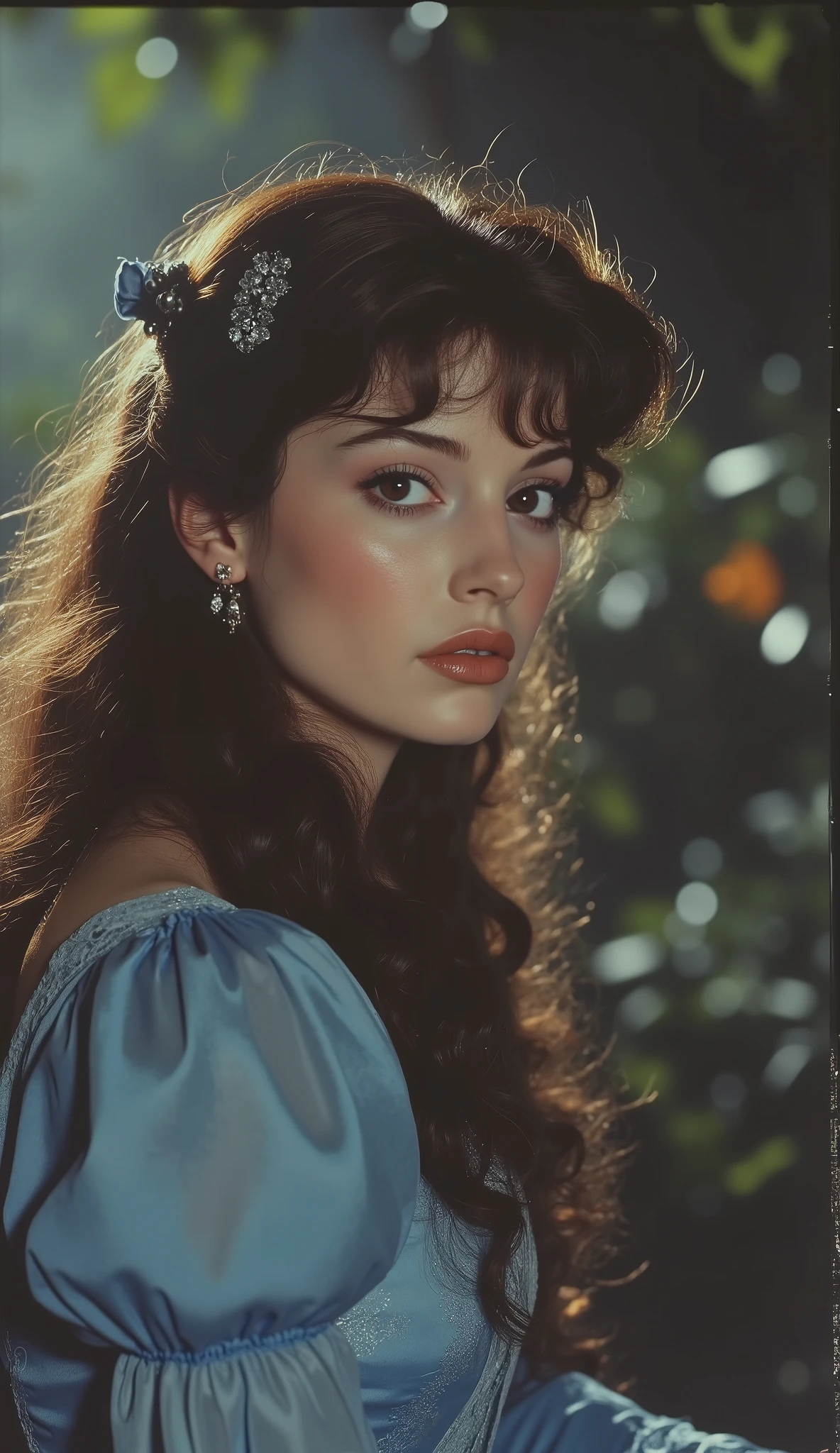 1980 film still, princess Belle, long wavy dark brown hair, brown eyes, simple blue dress, medium shot, grainy effect,