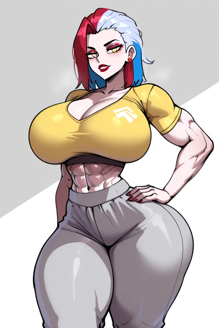 1 woman, 16-year-old ((very muscular girl)), beanie, black top, black leggings, red hair, yellow eyes, (((gigantic breasts))),