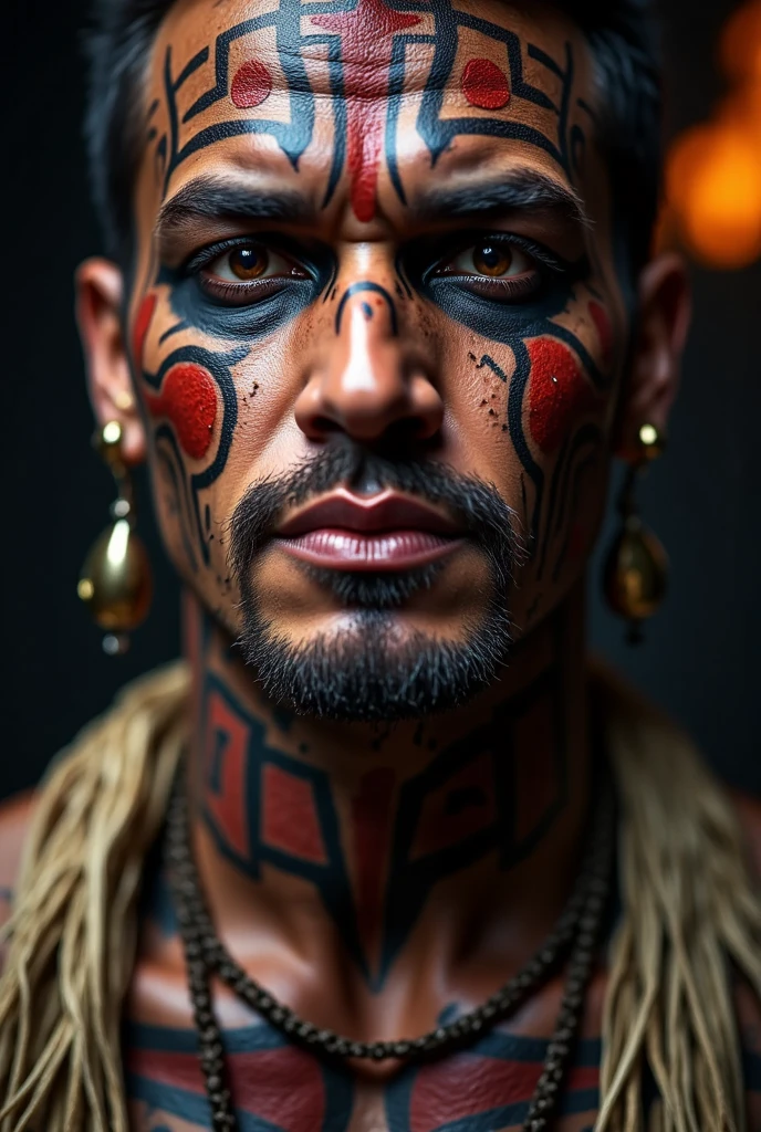 Extreme close-up of a Maori warrior — intense moko facial tattoo carved into skin, eyes burning with sacred rage, facial muscles tense, traditional black and red paint mixed with sweat and blood, ceremonial earrings, visible flax garment collar, scars from past hakas and battles, realistic skin texture with high detail, dark background with firelight flickering, emotional and spiritual depth captured in cinematic realism."