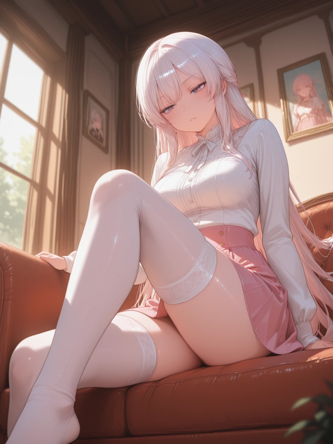 ((((Best Quality, 8K, 32K, masterpiece, 1.2)))),{{solo}},nsfw,{{{Artist: EUPHORIA's style}}},((perfect beautiful face:1.2)), sitting on sofa, ((A man putting soap cream on her public hairs of crotches and removing her public hairs together with cream, removed public hairs with cream:1.3)), leaking pussy juice from, high quality of vagina, vivid pussy ,((a lot of public hairs:1.3)), embarrassed,