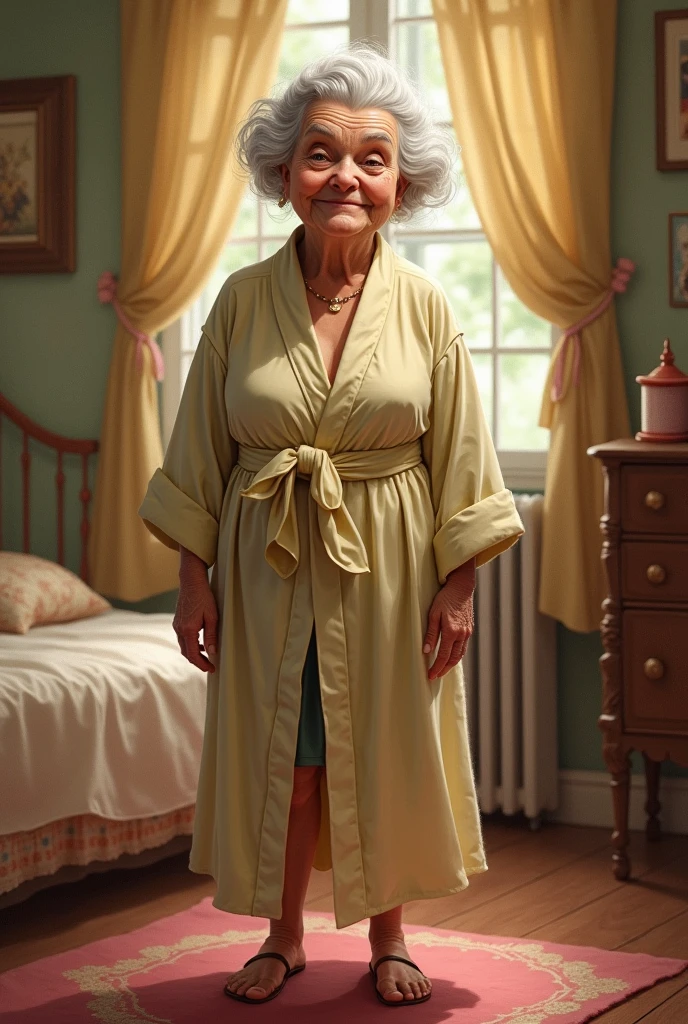 Chubby and fat Grandmother, sixty years old, Long Gray hair, wearing a big pair of glasses, naked body, wearing only a pink sandals, holding a Cup of coffe, (( fullbody view)), small breasts, cigarette on mouth, showing pubic hair, at the dirty besdroom, a Lot of clothes on underground scaterred on the flor, realístic hd , 10 meters away fron the camera