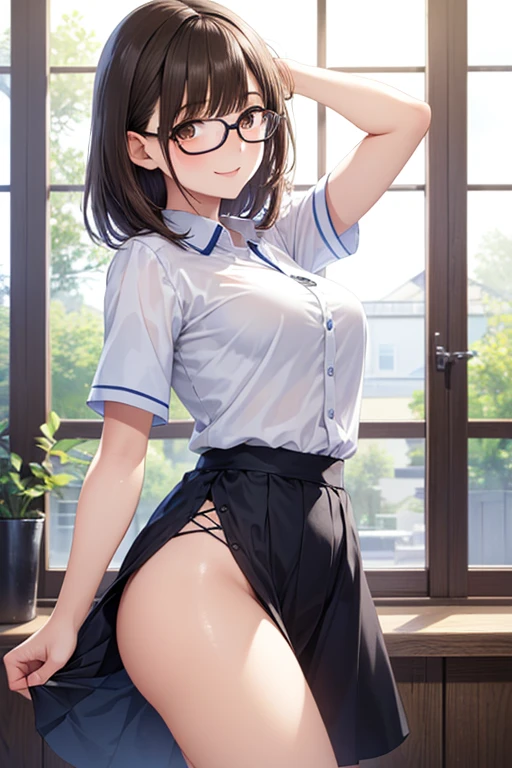(NSFW: 1.5), (Masterpiece, Best Quality, High Resolution, Realistic Pictures, Realistic Skin, Detailed Skin), (1 Girl, Solo), (Japan Models, Japan Girls), Glasses, Short Twintails, (Small, Small Breasts, Small Breasts: 1.5), Exposed Breasts, (Summer School Uniform, White Y-Shirt, Unbuttoned Shirt, Wet Shirt, Sheer shirt: 1.1), (dark blue skirt, pleated skirt: 1.1), (skirt lift, lift the skirt yourself: 1.7), (wind, wind lift, skirt that lifts in the wind, skirt that curls up in the wind, skirt flutters: 1.5), dark blue socks, black loafers, (panties fully exposed: 1.5), white ribbed panties: 1.5, (standing, arms crossed behind the waist: 1.7), bitten panties, no bra, sweaty, soaked, blush, embarrassed