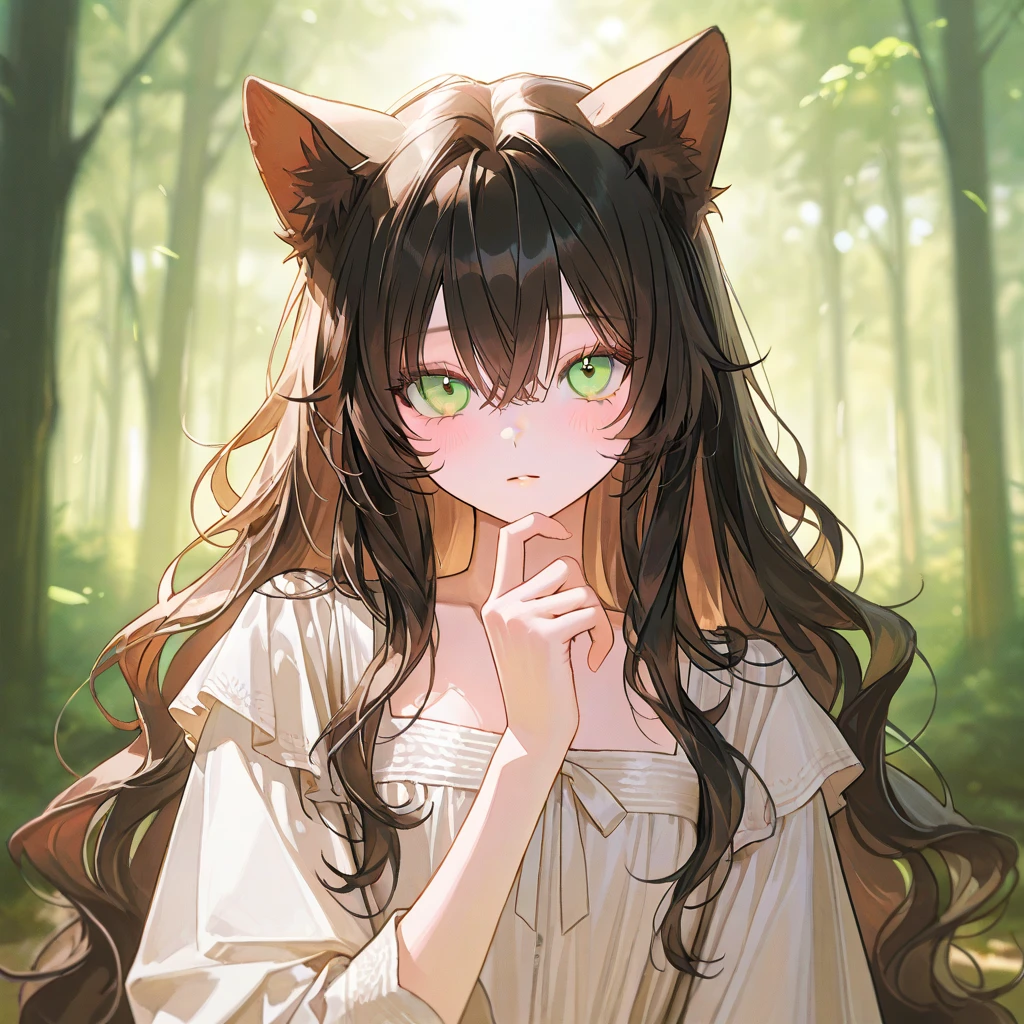 A beautiful girl with brown hair, white animal wolf ears and a tail, greenish eyes, and sharp jaws,cinematic lighting,atmospheric,dramatic colors,vibrant colors,detailed background,lush forest background,moody,mysterious