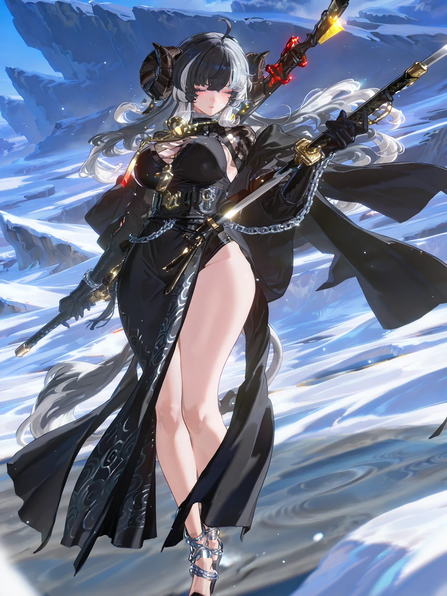 woman, sheep anthromorph, ram beast, white and black coat of cotton, blue talisman on her ram horns, puppy down ears, snowy mountain, large breasts, fullbody, slean model body, long legs, long black cape, cute pelvic curtain dress, cute chain belt on her waist, holographic hair, cute big wolf tail, holding a huge katana, black dress with waves patterns, black horns, close up, detailed eyes