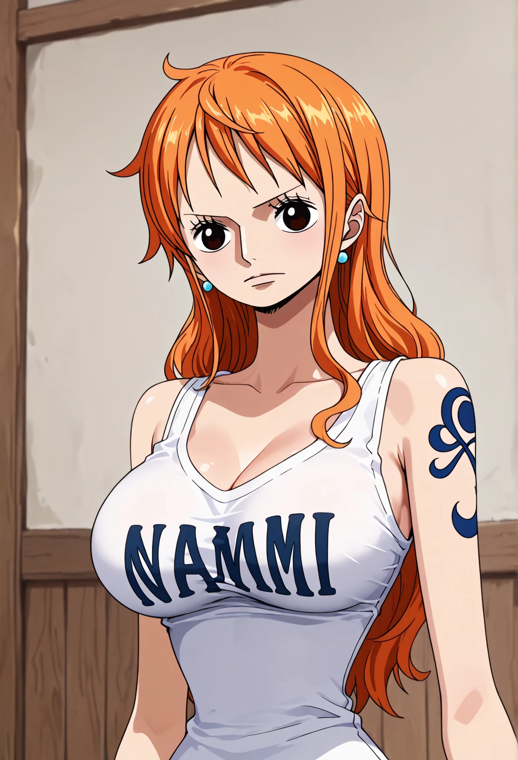 a cartoon picture of a woman in a bikini top and jeans, nami one piece, nami from one piece, nami, beautiful portrait of nami, from one piece, oppai, blue eyes, smoking, ponytail