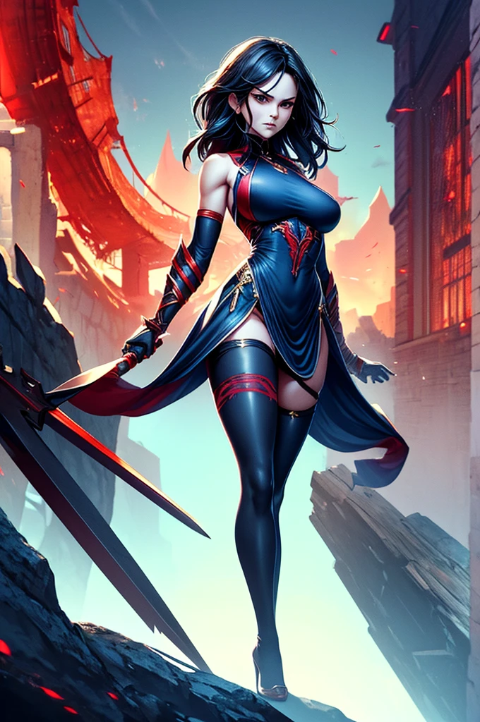 Illustrate the athletic woman as a guardian of an otherworldly realm, with elements of strength and athleticism incorporated into her supernatural appearance, (Amber. Heard: 1.3), (vampirella outfit: 1.6), (visible : 1.2), (partial breasted: 1.5), (full-length portrait: 1.6), (wide angle lens: 1.6), (Revealing skin: 1.3), (battle pose, in the air with legs split, sword in front slashing the viewer: 1.3)