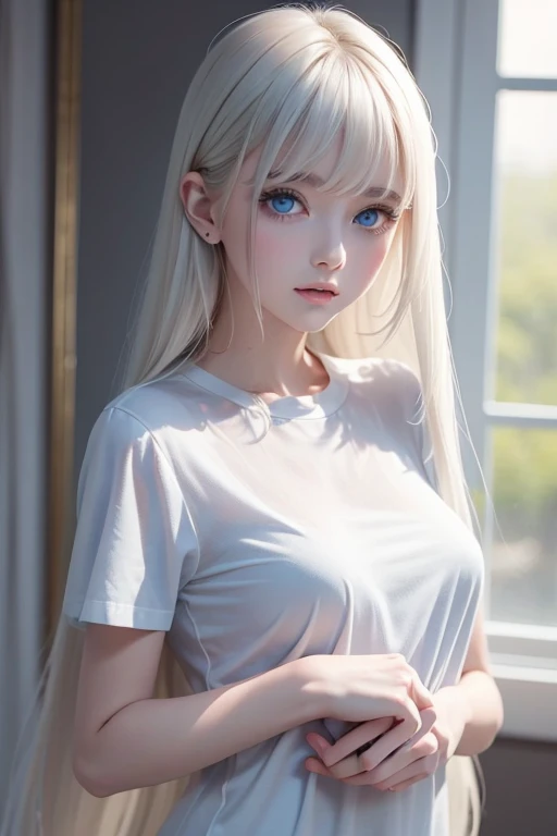 Unparalleled beauty, shiny shiny firm and shiny skin, bangs between eyes, shiny straight beautiful platinum blonde, super long straight silky hair, eyeliner, sexy beautiful innocent , high definition big big beautiful bright blue eyes, beautiful and lovely girl, baby face, short sleeve shirt