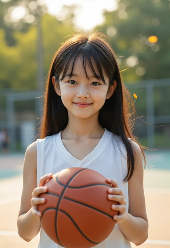 A young girl in the flower season, playing basketball and wearing a basketball uniform