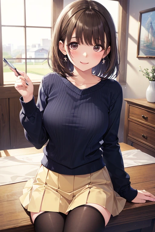 anegasaki nene、Shiny brown hair, short hair, (Beautiful brown eyes、Sparkling eyes, Fine grain)、smile、Ultra-detailed eyes、Highly detailed face, Highly detailed eyes,Cowboy Shot、
(Highest quality,Extremely detailed depiction,Incredible high resolution,Anatomically accurate depiction,software),
masterpiece, Highest quality, Single Blade, Black sweater, Pencil Skirt, Sitting, Rocking Chair, Pouch, autumn, View your viewers