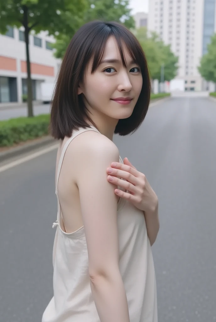 Highest quality,master piece,bloom,a girl, one girl,solo focus,bokeh,alone,full body,standing,posing,4K,8k,raw photo,short brown hair,watch,big eyes,Japanese women,Age 25,healthy,maternal,positive,bright,kind,Beautiful Skin,Fair skin,Highest quality,4K,8k,masterpiece,Young and beautiful,Attractive woman,Dcup Bust、An innocent smile、smile、teeth、The background is the city、Casual Style、sneakers、one girl、Accurate hands、Accurate legs、Detailed hands and fingers、Anatomically correct body、one girl,one girl,very nice lady,one girl