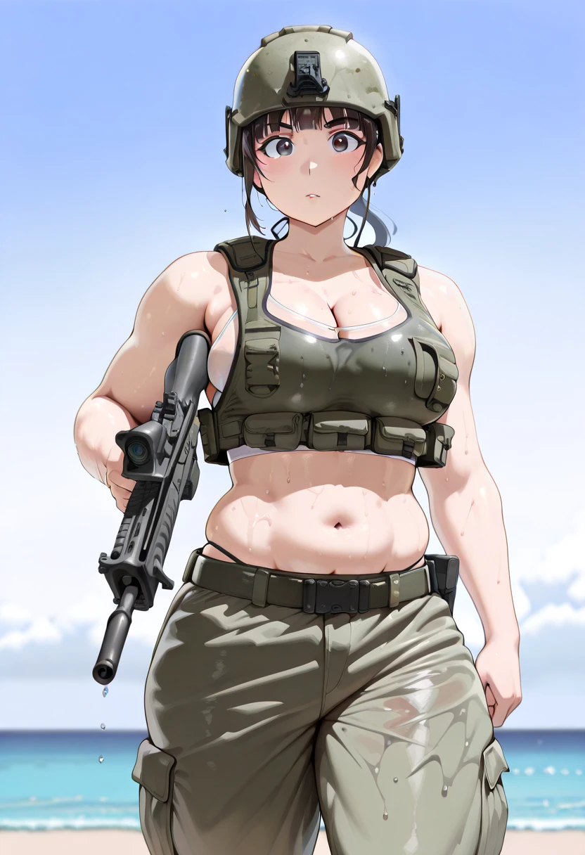 (best quality,ultra-detailed,realistic:1.37),musclaur badass girl with sculpted body with preview her musclaur body and six-pack, full review of the female character face and body, intense expression,studio lighting, vivid colors, physiologically-based rendering, grungy texture, rugged background, dust particles in the air, commanding presence, professional, powerful, gritty aesthetics,,Valmet،short hair،tattoos on shoulders,,Shining muscles, muscle protrusion,Valmet have a sex muscles,eyepatch,penis,wet body,wet clothes,white skin,water dropped on body,Shining skin,camouflage pants, tank top/t-shirt/shirt/topless female, open clothes, dog tags, gloves, hat/cap/helmet/beret, vest, boots, bandolier, ammunition belt