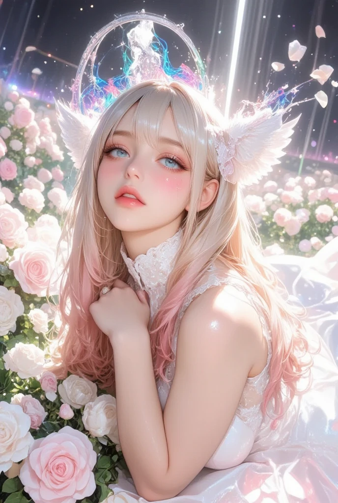 an angelic cat girl (cute woman, age 25, cat ears, over large green eyes, rainbow hair, large white feathered wings, airy sheer white robe, puffy white tail) flying through a dreamy starry sky
