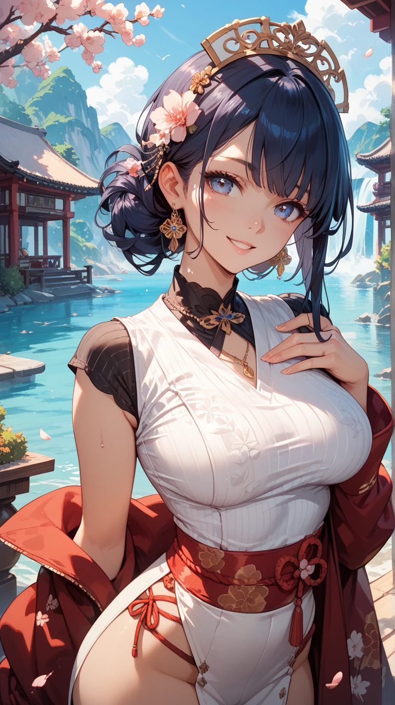 ((highest quality)), ((masterpiece)), (detailed), Perfect Face, Japan beauty with black hair、Anime Art、Ninja、Under the moonlight、Overall image、Sitting and resting。Turn to me and smile、Big Tits、4k、Costume with emphasis on breasts、HDR