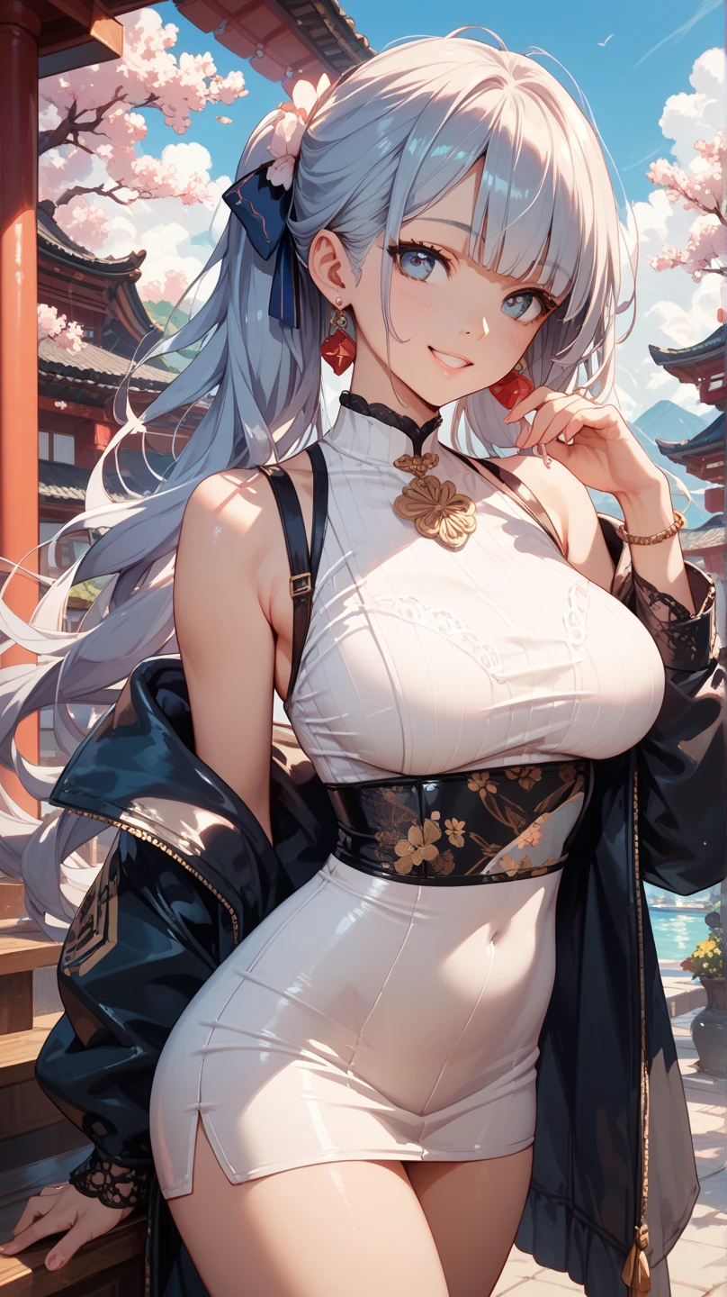 Official Art, masterpiece, Clear focus, (beautiful, Beautiful and lovely Korean woman:1.3), (Beautiful and cute Korean:1.3), Korean beauty, 精致beautiful头发、Eyes and face, Practical, Extremely detailed, beautiful女孩, Blue sky, Glowing white particles, (Side Light:1.2), Sunlight, White Cloud, Detailed clouds, Slim, Such a cute big ass, Smile with teeth bared, ((Smile with your eyes, Open your eyes)), landscape, Long straight hair, Sexy facial expressions, architecture, (城市landscape:1.7), Dynamic Hair, very Long straight hair, Delicate platinum-blonde hair, Green Eyes, Pink skirt, Black socks, Pale skin, Hair accessories, epic landscape,，White high heels，Beautiful butt，beautiful buttocks，There&#39;s nothing under the skirt.，weight loss